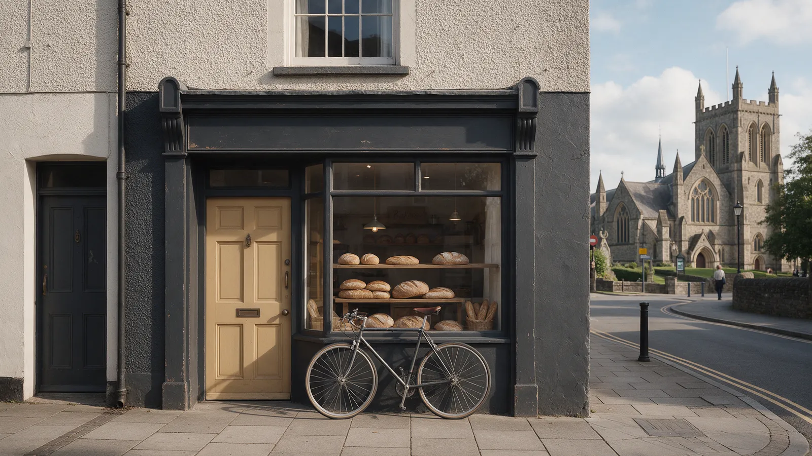 The bakery shopfront on a cathedral village street: a charcoal-painted frontage, a wheat-coloured door and loaves in the window
