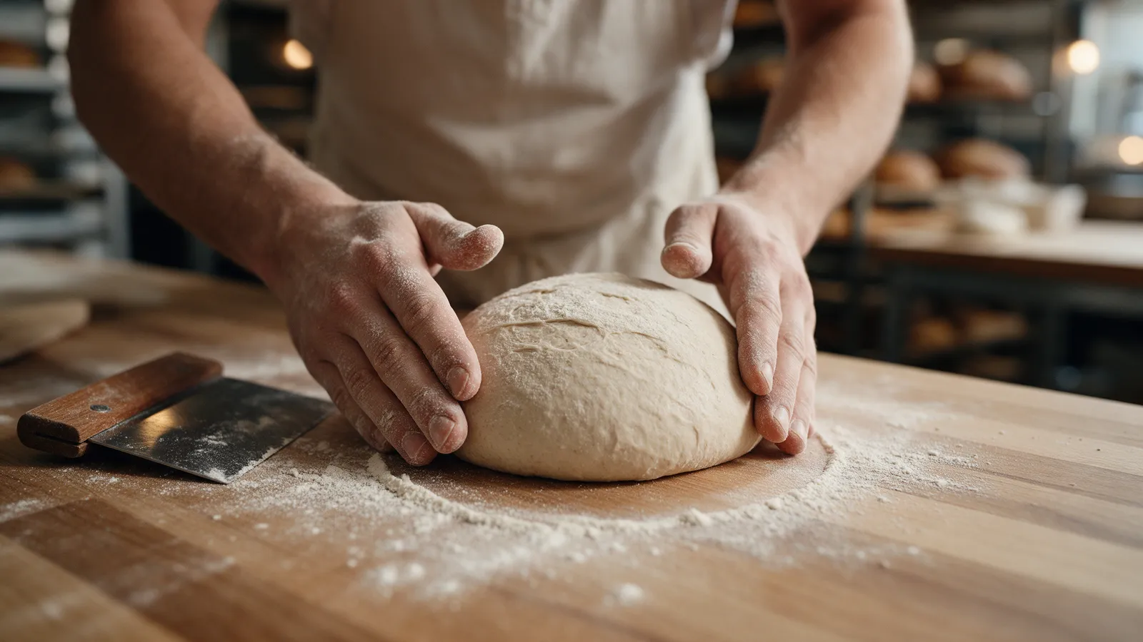 A baker's floured hands shaping a round sourdough loaf on a wooden bench with a dough scraper beside