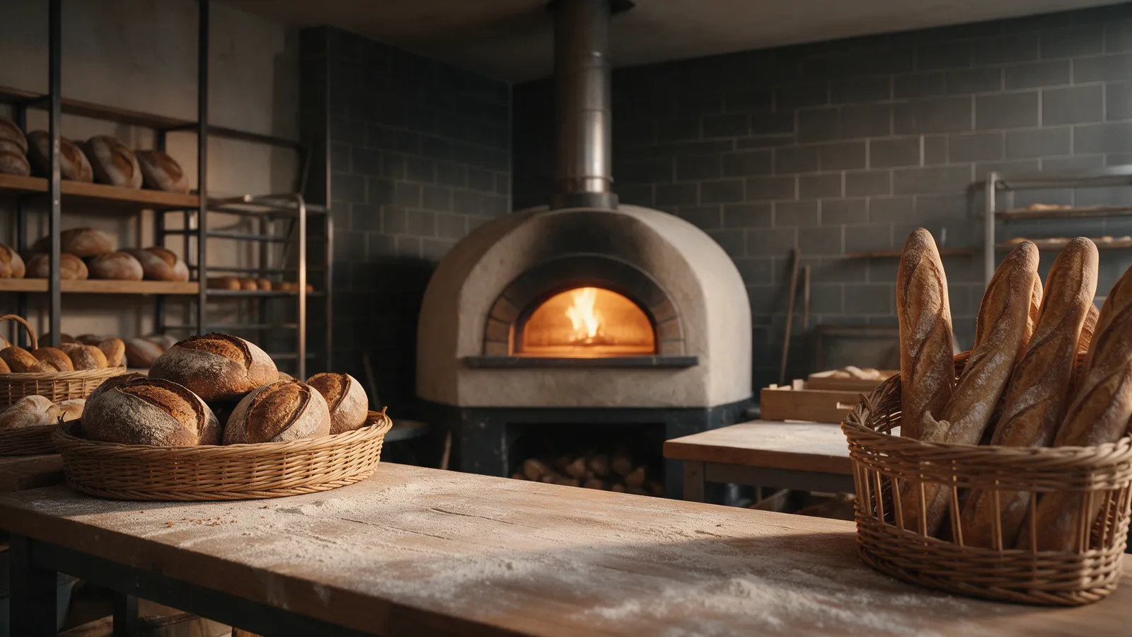 The bakery at dawn: flour-dusted wooden counters, wicker baskets of sourdough loaves and baguettes, and the glow of a stone oven behind