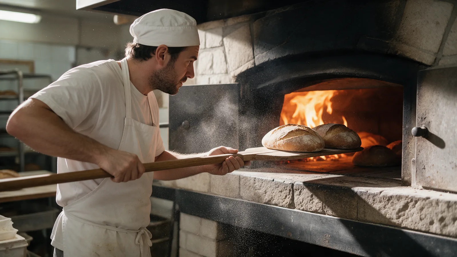 A baker loading loaves into a stone deck oven with a long wooden peel, flames and glow visible behind
