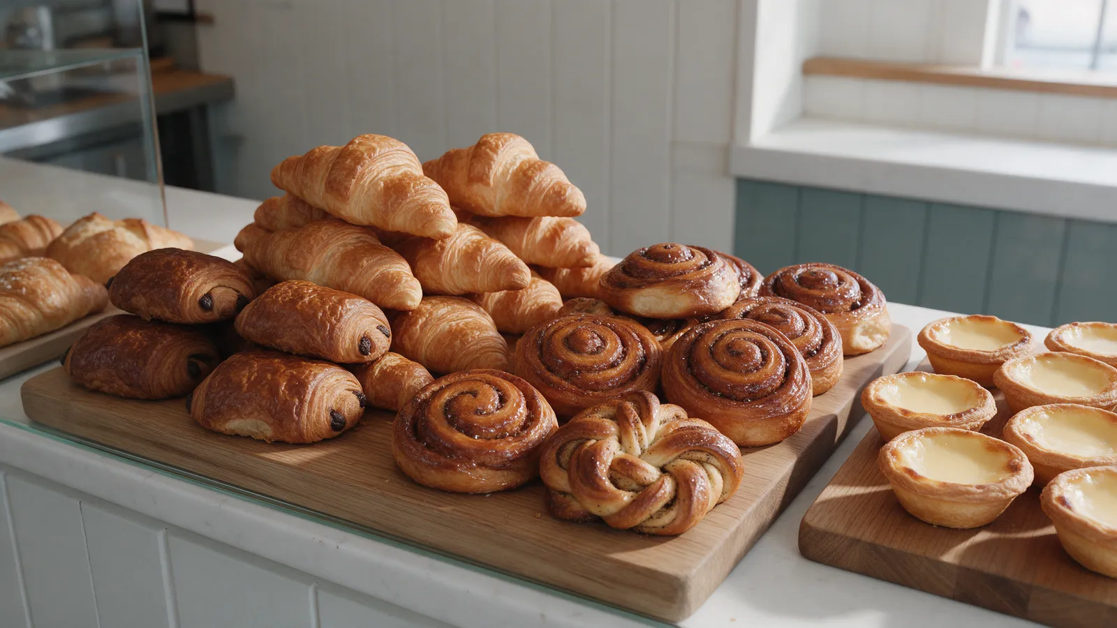 A bakery counter display of butter croissants, pain au chocolat, cinnamon swirls, cardamom knots and custard tarts