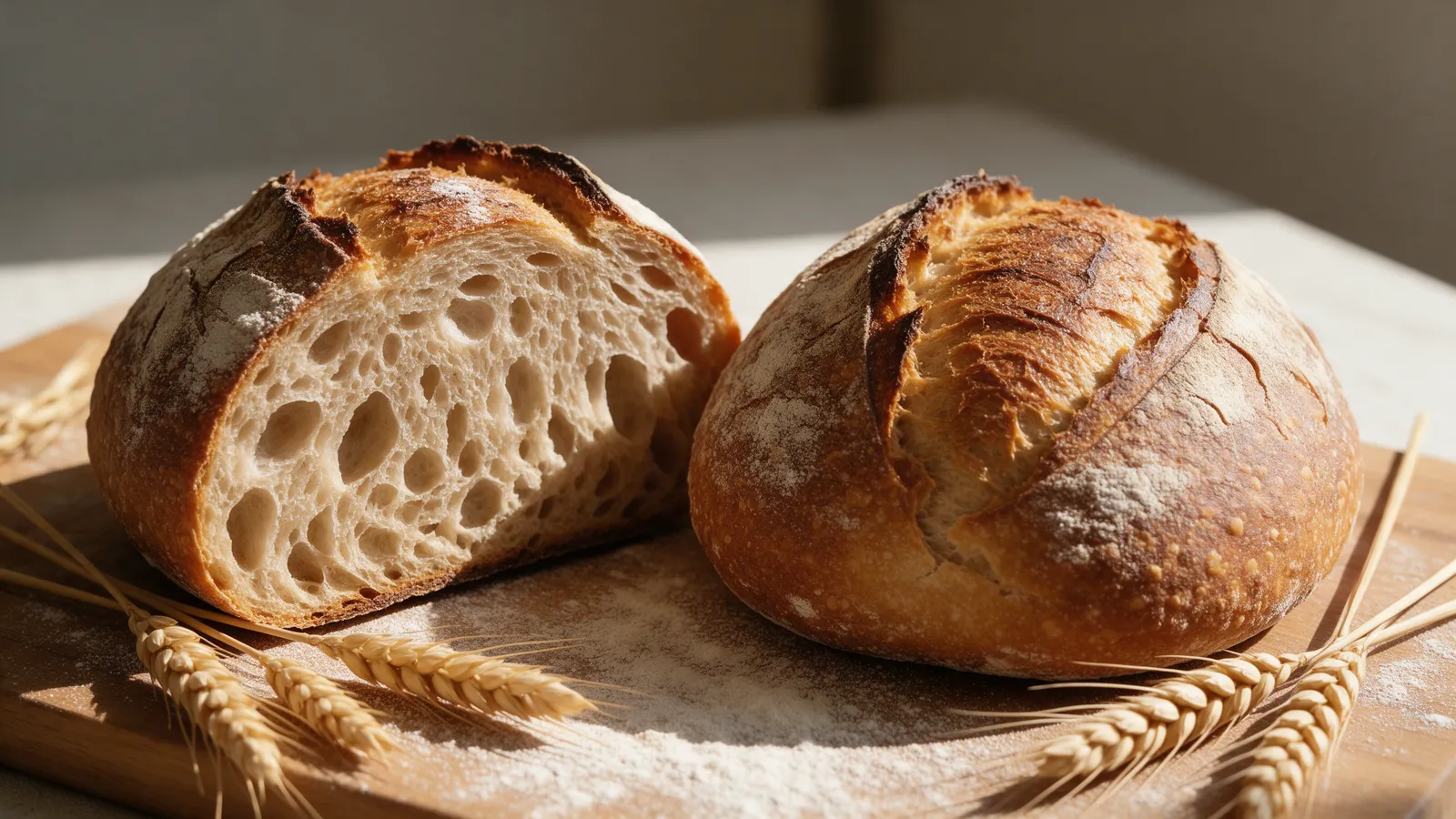 A cut sourdough loaf showing an open crumb beside a crusty whole loaf on a wooden board with wheat ears