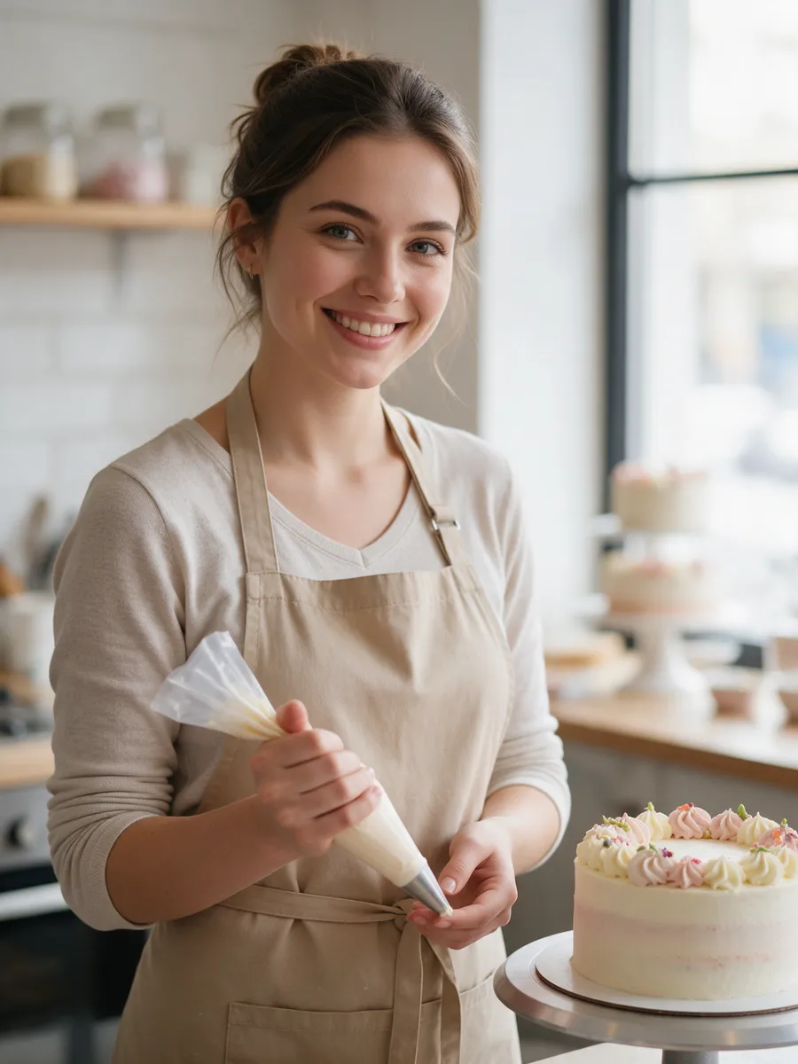 Ffion Lloyd, a young cake decorator with a piping bag and a wheat-coloured apron beside a decorated cake