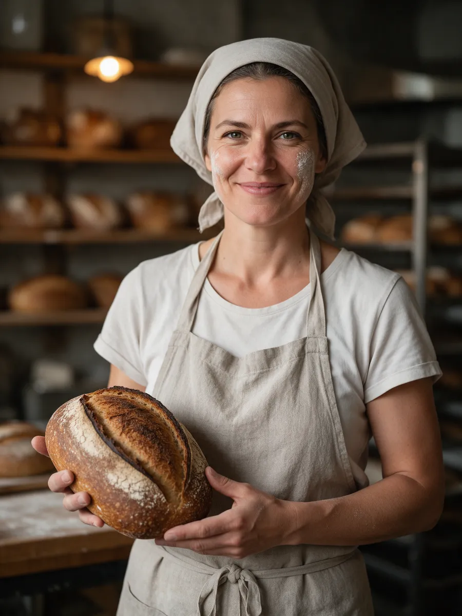 Megan Hughes, a head baker in her forties with flour on her cheek and her hair in a scarf, holding a sourdough loaf