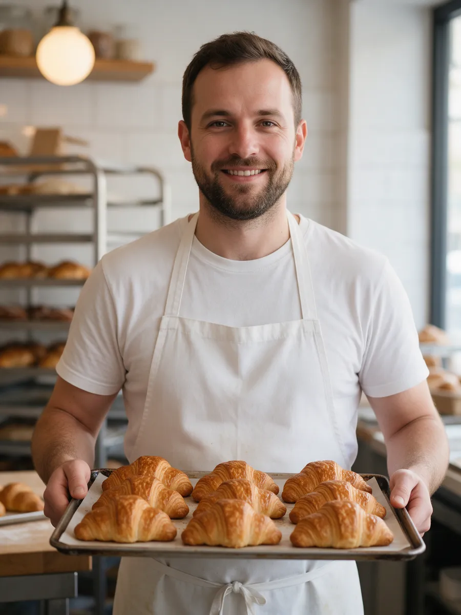 Rhys Parry, a pastry baker in his thirties with a short beard, in a white t-shirt and apron, holding a tray of croissants