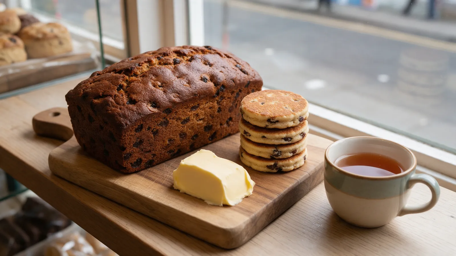 A bara brith loaf and a stack of Welsh cakes with butter on a wooden board beside a cup of tea by the bakery window