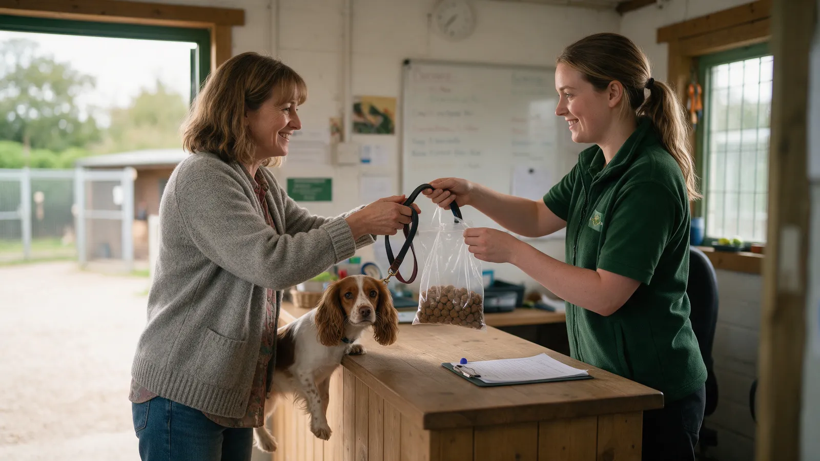 A woman handing over a spaniel's lead and a bag of food to a kennel assistant at a timber reception desk