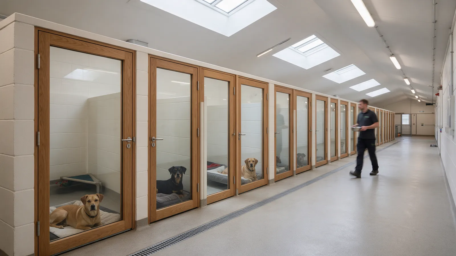 A corridor of clean kennels with glass-fronted timber doors and skylights