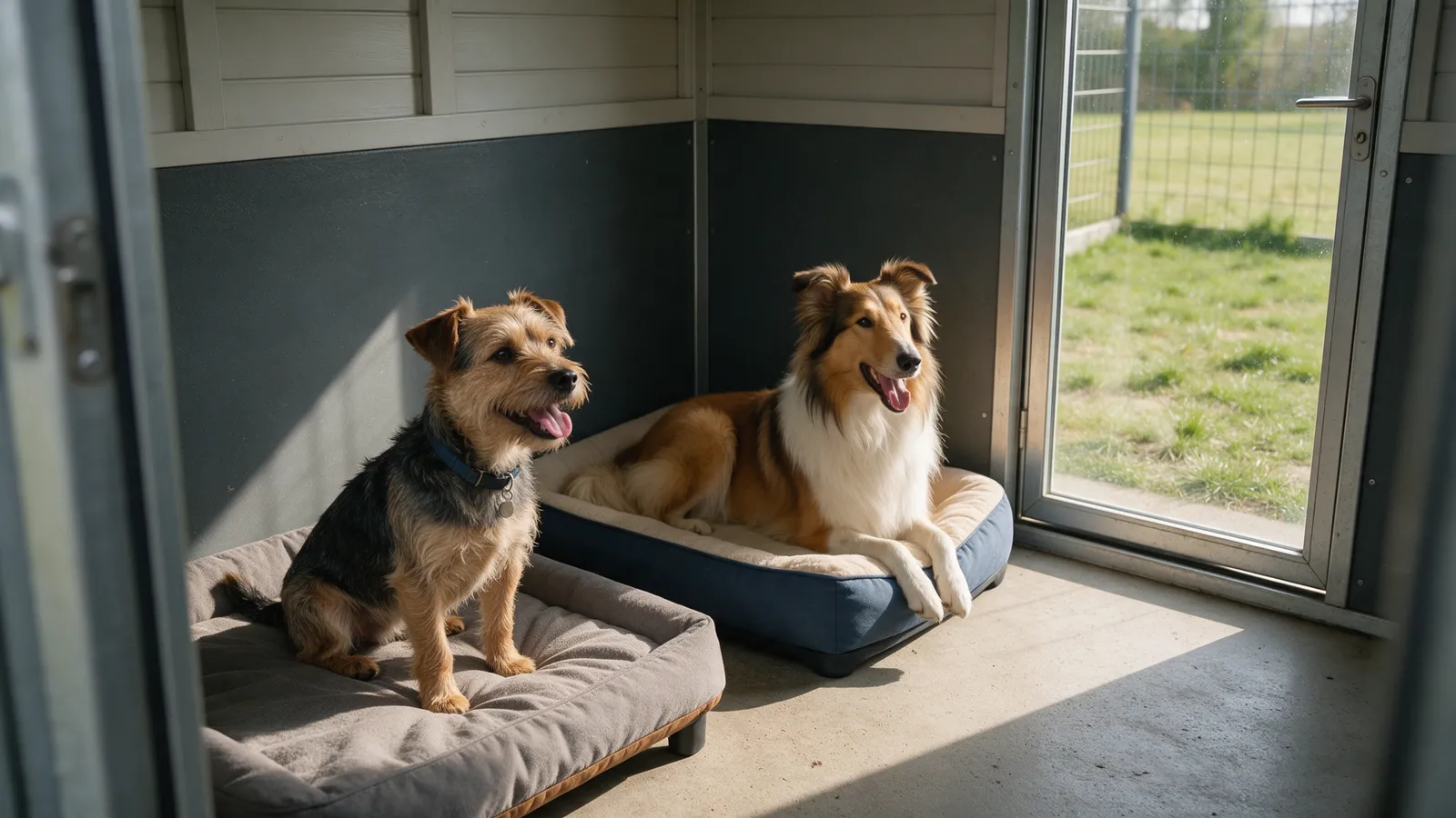 Two dogs from the same family sharing a double suite with two beds and a glass door onto a private run