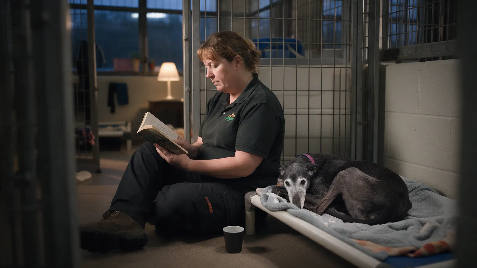 A kennel hand sitting on the floor of a suite in the evening beside an elderly greyhound curled on a bed