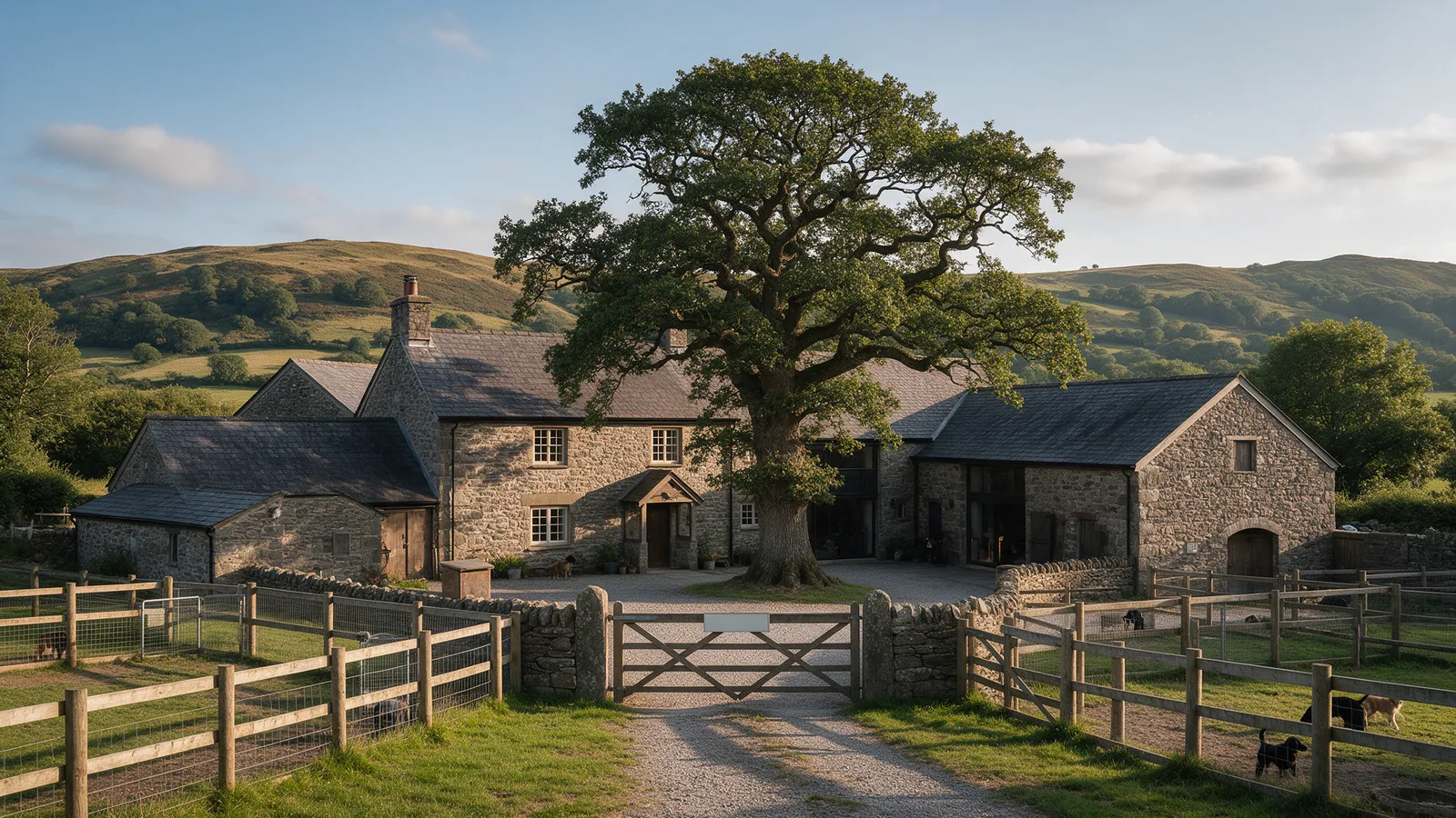 The stone farmhouse, the barns and the huge oak in the yard, late afternoon