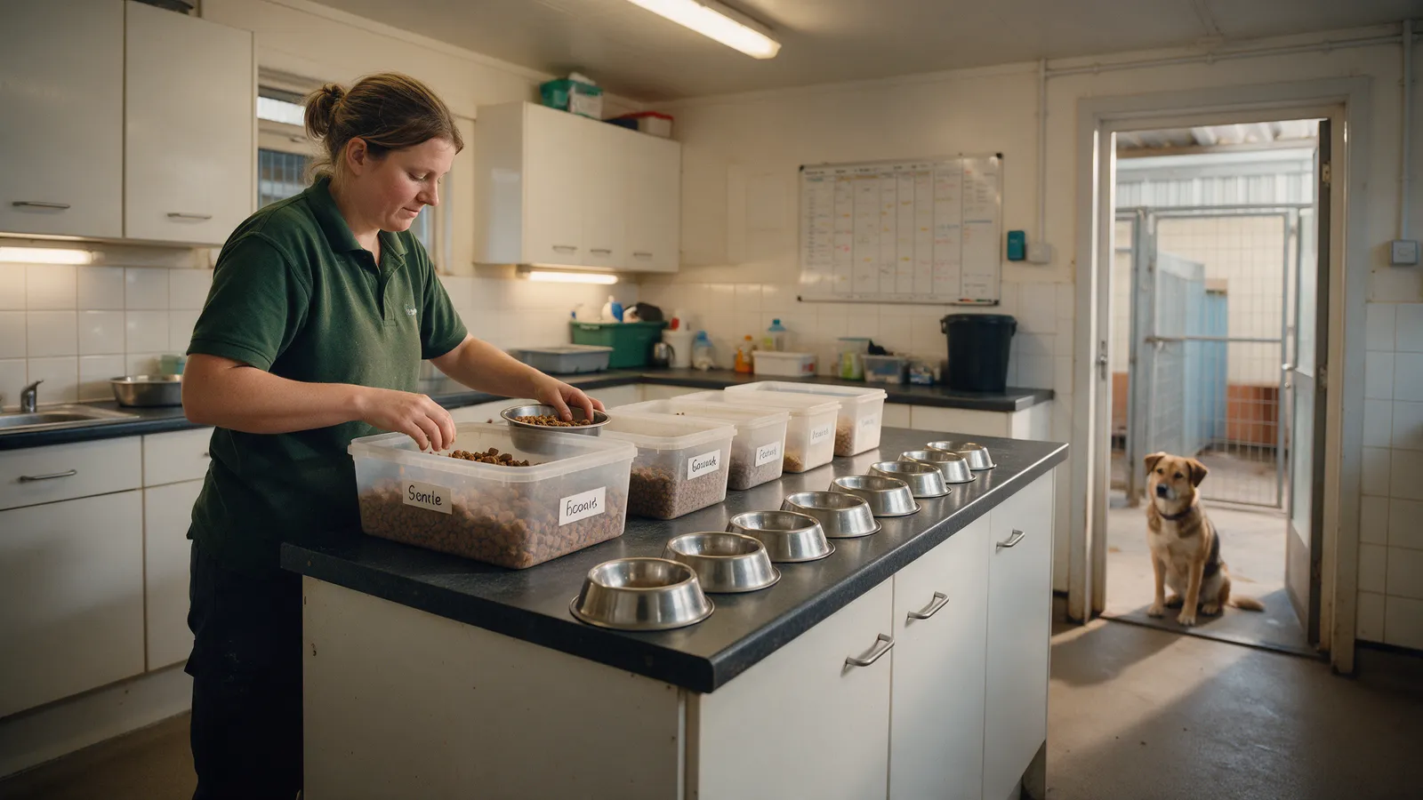 A kennel assistant preparing evening meals in the kennel kitchen, labelled tubs and a row of steel bowls, a dog waiting in the doorway