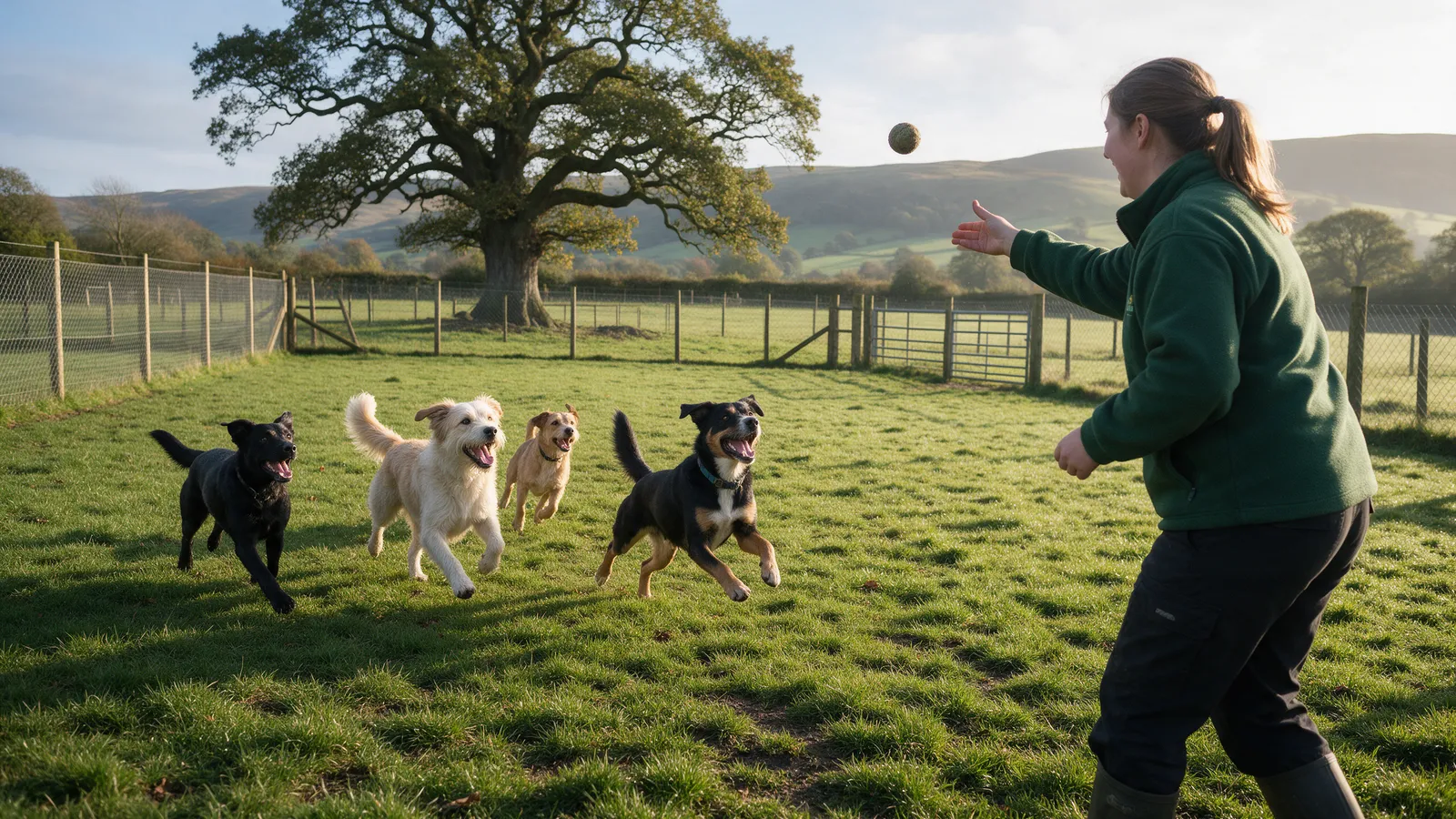 Four dogs running across the fenced paddock under the huge oak while a kennel assistant throws a ball