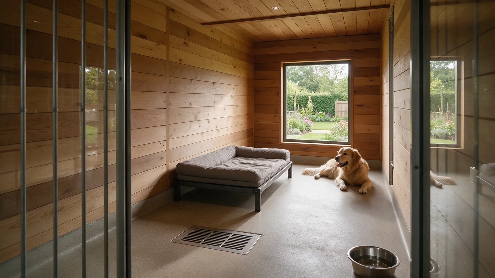 A boarding suite with a raised bed, a window onto the garden and a golden retriever relaxing on it