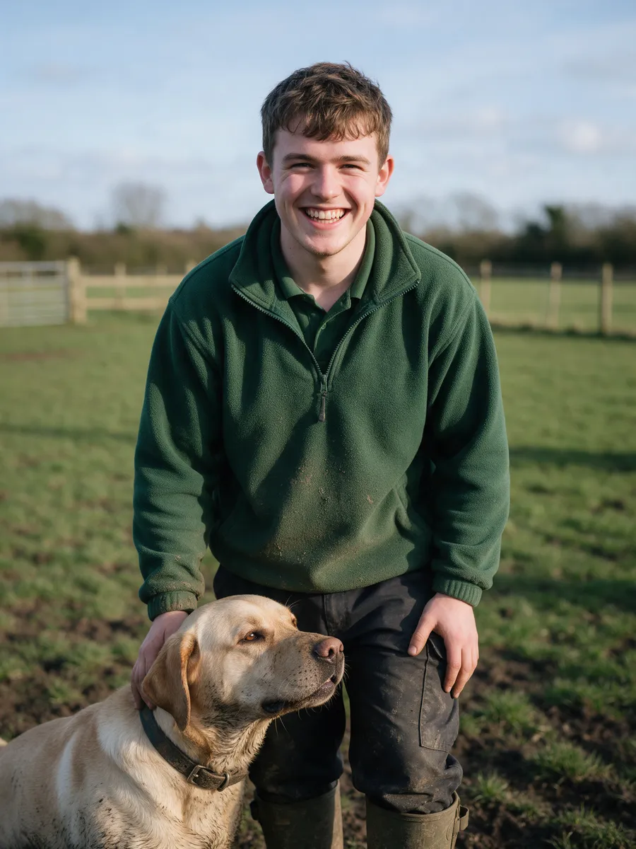 Dan Hughes, a young kennel assistant in a green fleece and wellies with a muddy labrador leaning on his legs
