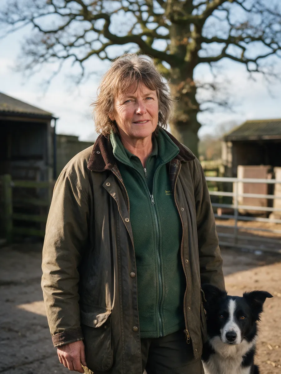 Helen Morgan, a kennels owner in her fifties in a waxed jacket with a border collie at her side, under the oak