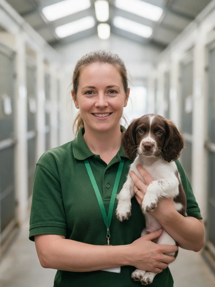 Lowri Evans, a head kennel hand in her thirties in a green polo shirt holding a spaniel puppy in the kennel corridor