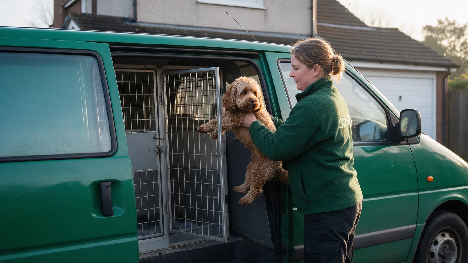 A small green van with its side door open and a kennel assistant lifting a cockapoo in outside a house