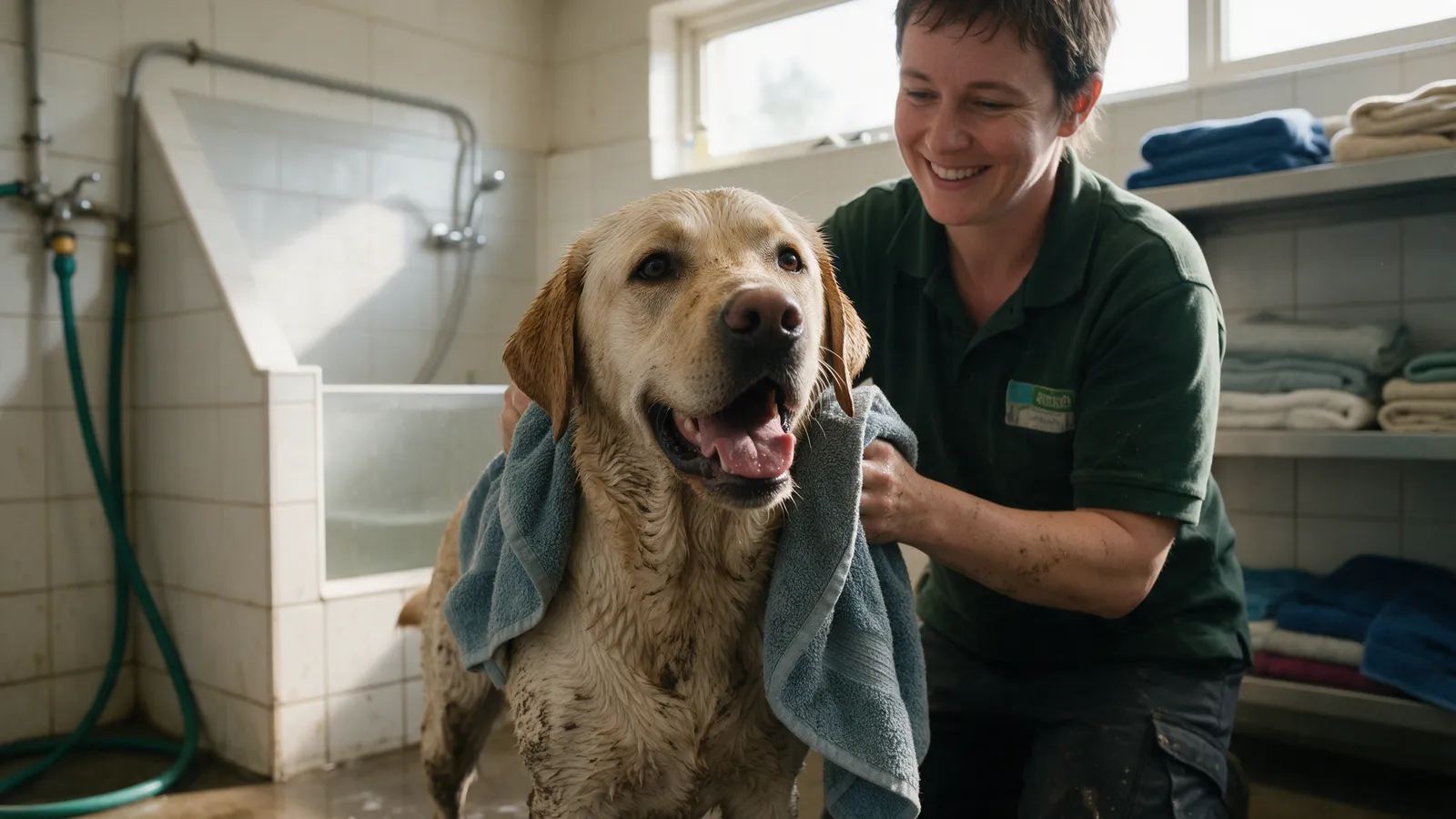 A wet labrador being towel-dried by a kennel hand in the tiled wash room