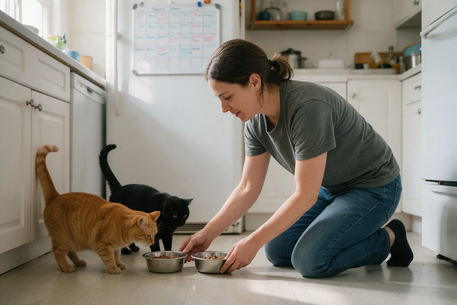 A pet sitter kneeling in a bright kitchen putting down two bowls of food for a ginger cat and a black cat, a feeding chart on the fridge