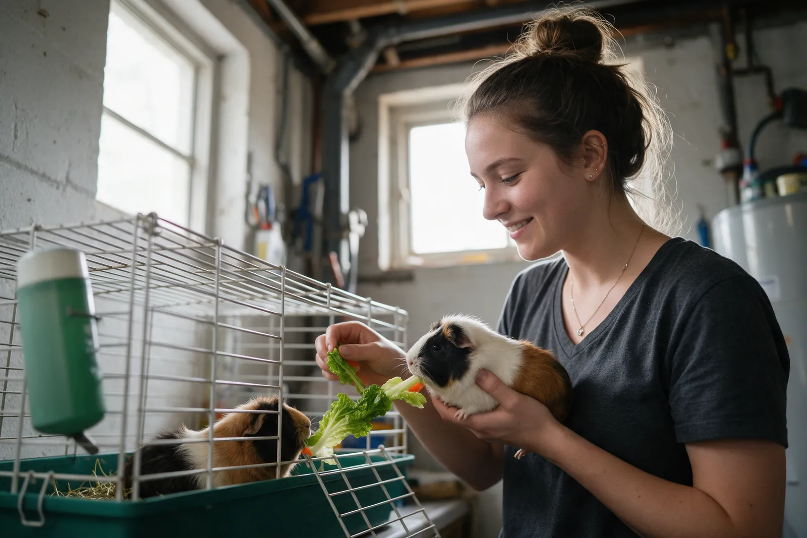 A young woman pet sitter feeding two guinea pigs fresh vegetables in an indoor cage, one guinea pig in her hand