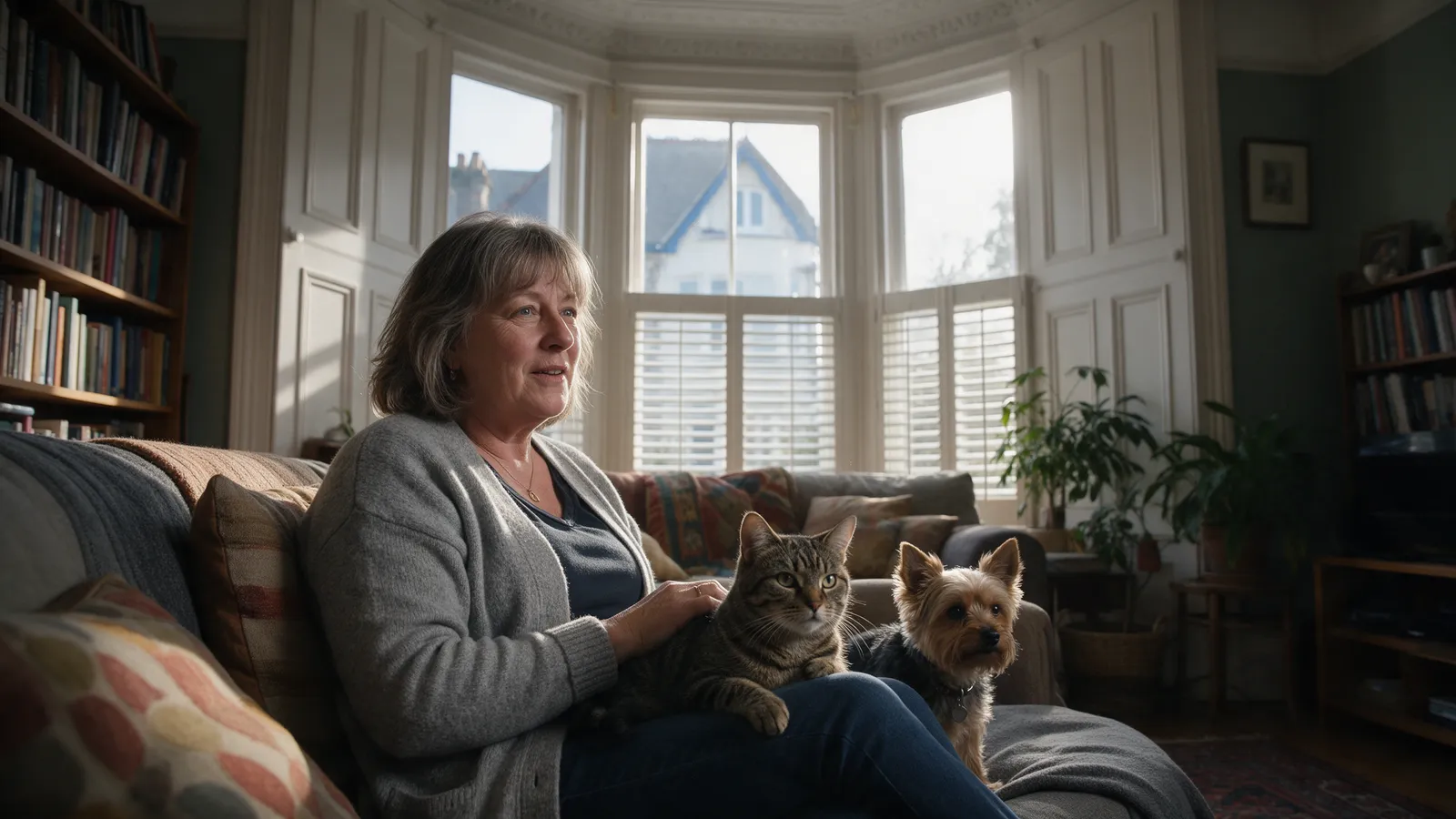 A pet sitter in a grey cardigan on a sofa in a Victorian bay-window living room with a tabby cat on her lap and a small terrier beside her