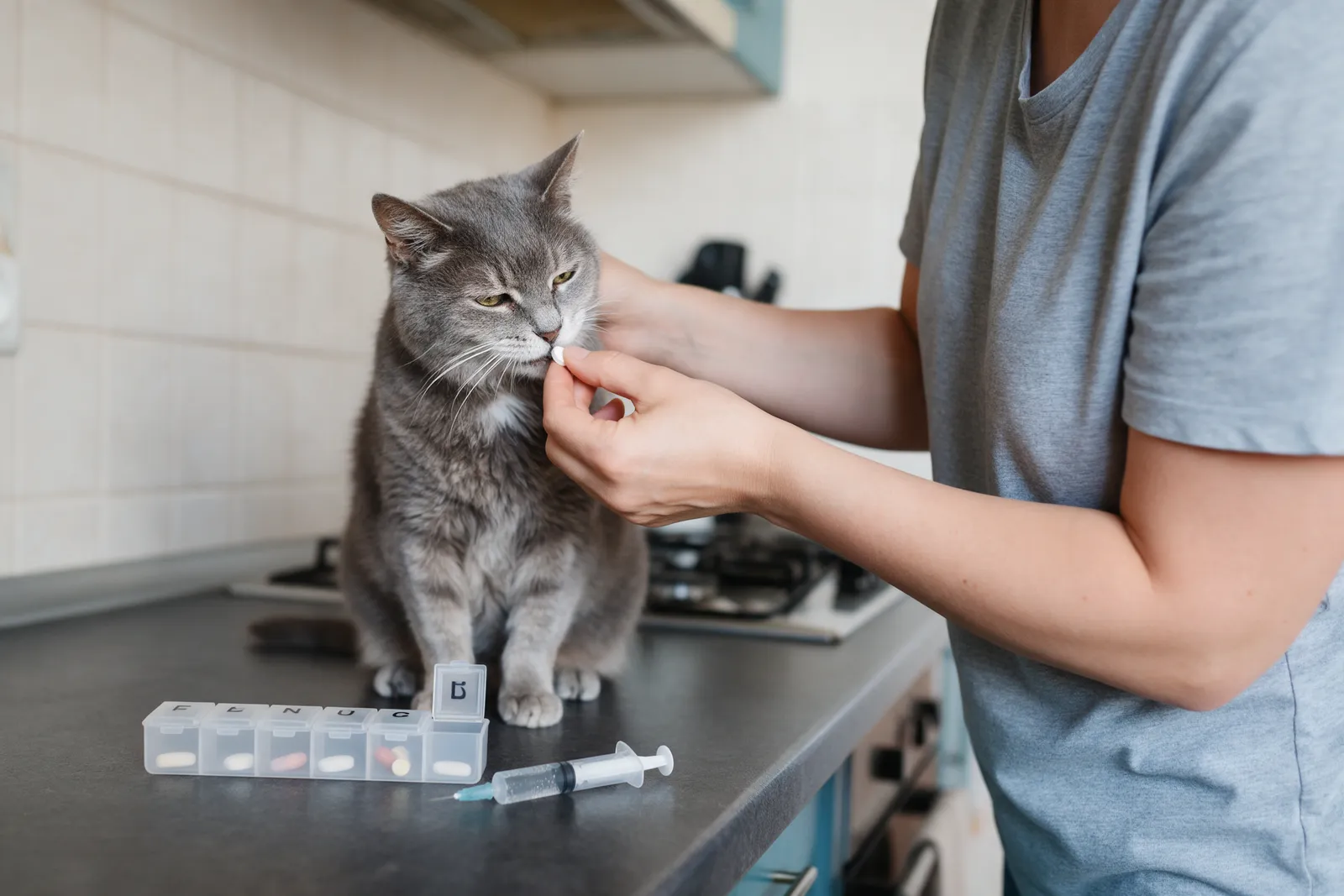 A pet sitter gently giving a tablet to an elderly grey cat on a kitchen worktop, a pill organiser and a syringe of water beside