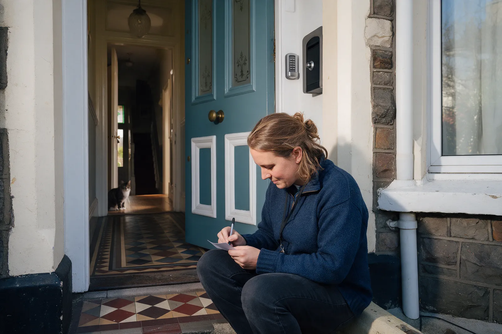 A pet sitter on the tiled front step of a Victorian villa writing a note card, a key safe beside the painted door and a cat watching from the hallway
