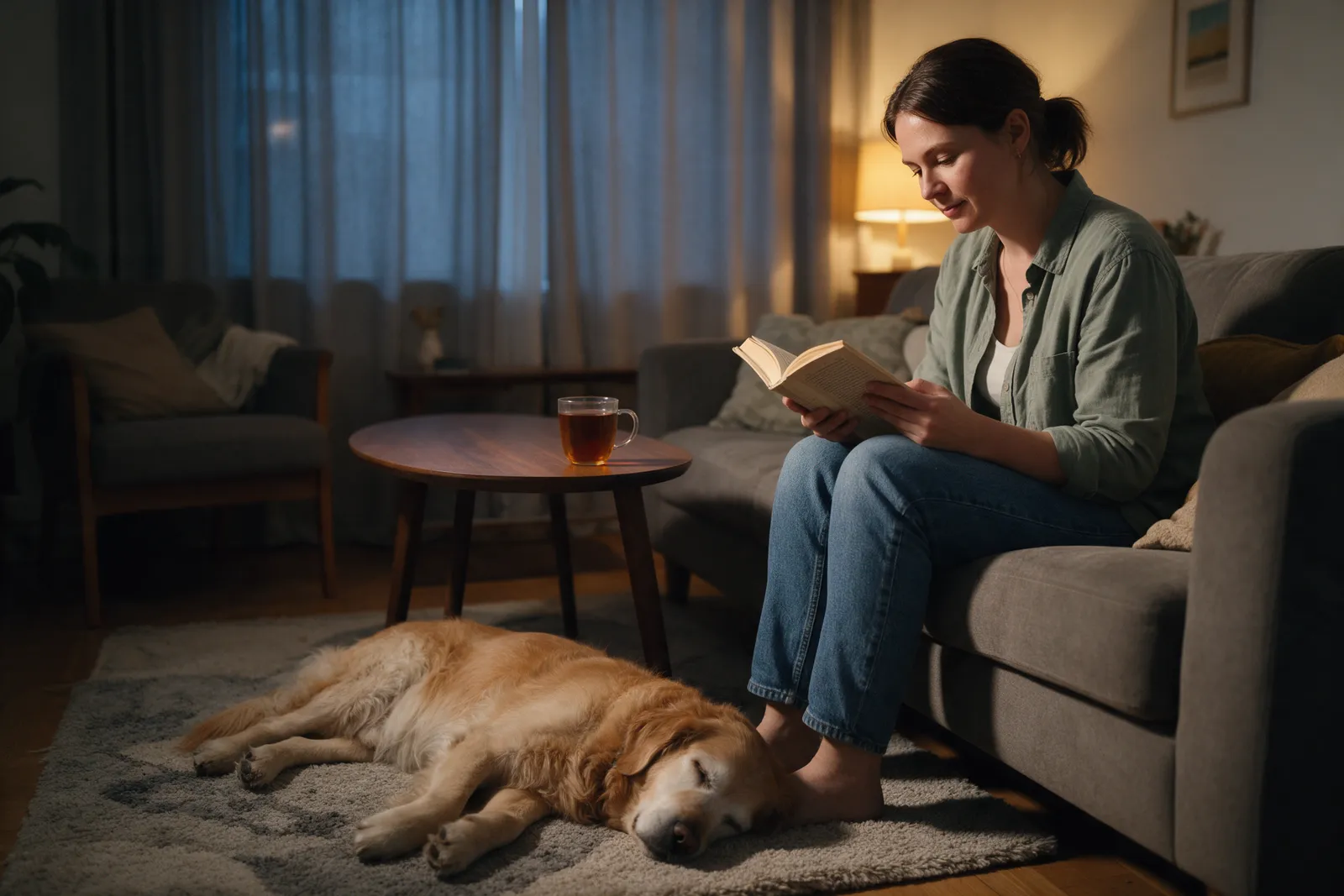 A pet sitter reading on a sofa in the evening under lamp light with an elderly golden retriever asleep on the rug at her feet