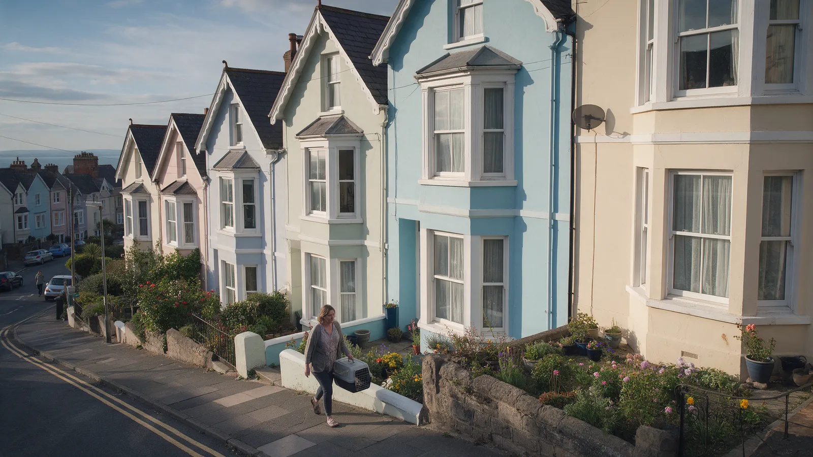 A street of pastel-painted Victorian villas in Penarth sloping towards the sea, a woman carrying a cat carrier up the pavement