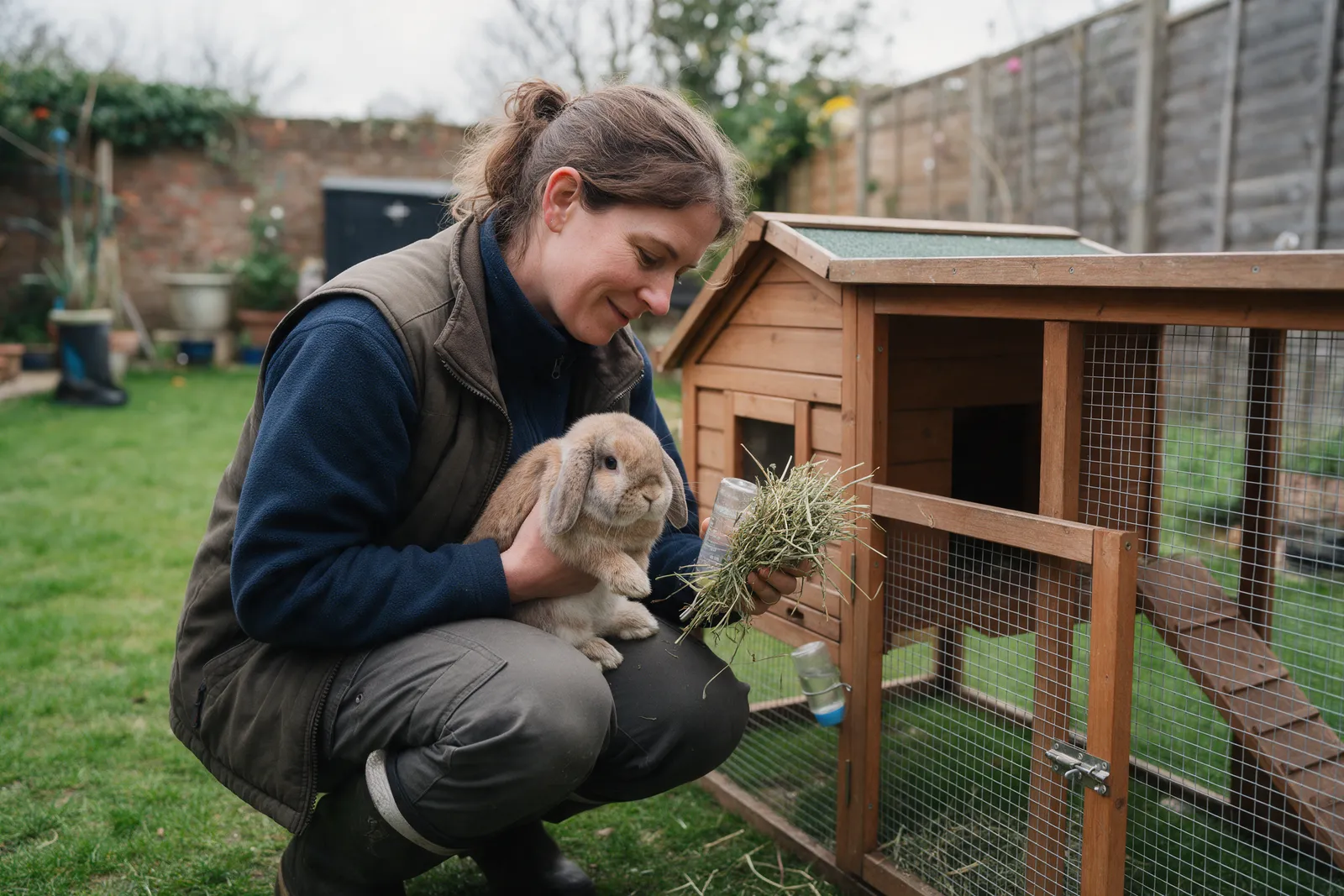 A pet sitter crouching beside a wooden rabbit hutch and run on a lawn in a small walled garden, holding a lop-eared rabbit