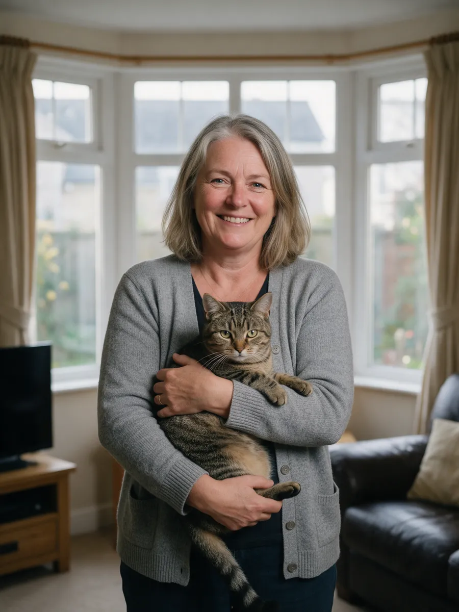 Carys Lewis, a woman in her early fifties with shoulder-length grey-blonde hair in a grey cardigan, holding a tabby cat in a bay-window living room