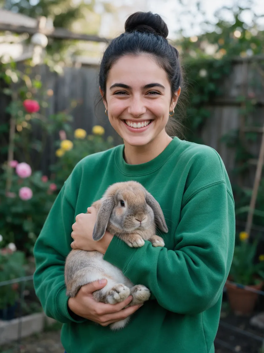 Elin Howells, a young woman in her mid-twenties with dark hair in a bun and a green sweatshirt, holding a lop-eared rabbit in a garden
