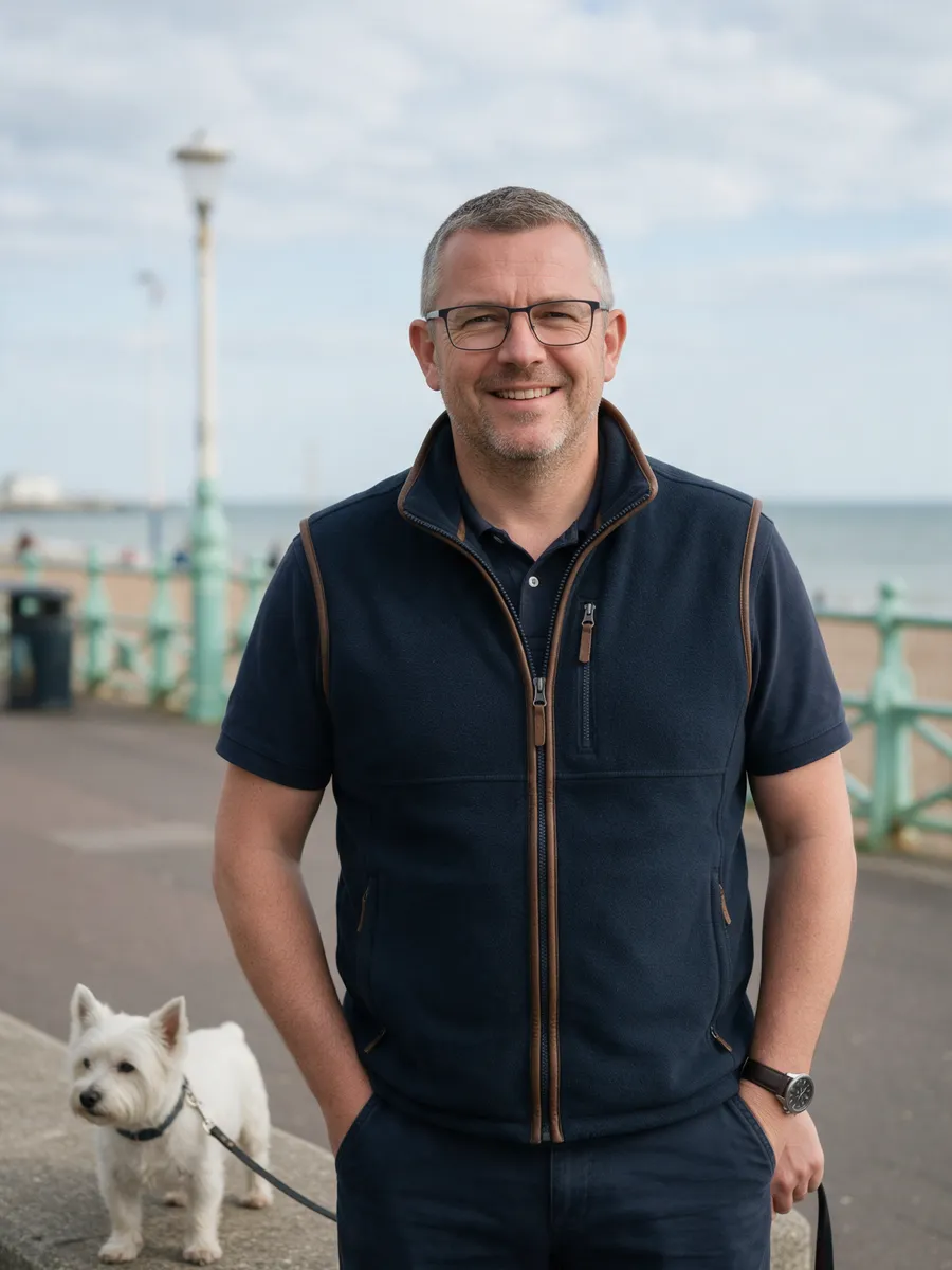 Mark Jenkins, a man in his mid-forties with cropped greying hair and glasses in a navy gilet, on a seafront promenade with a small white terrier