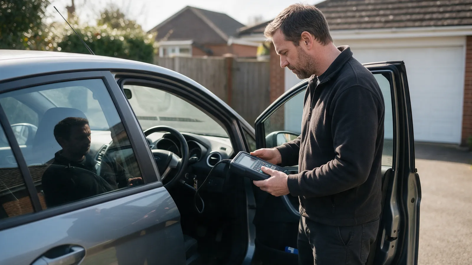 A locksmith beside a family hatchback in a driveway programming a replacement car key fob with a handheld diagnostic device