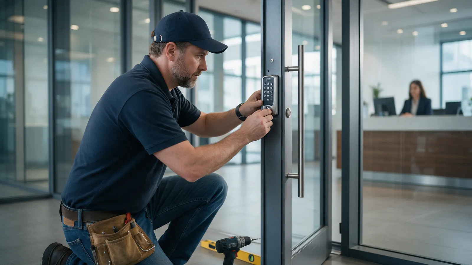 A locksmith fitting a digital keypad lock to a glass-panelled office door in a modern commercial building