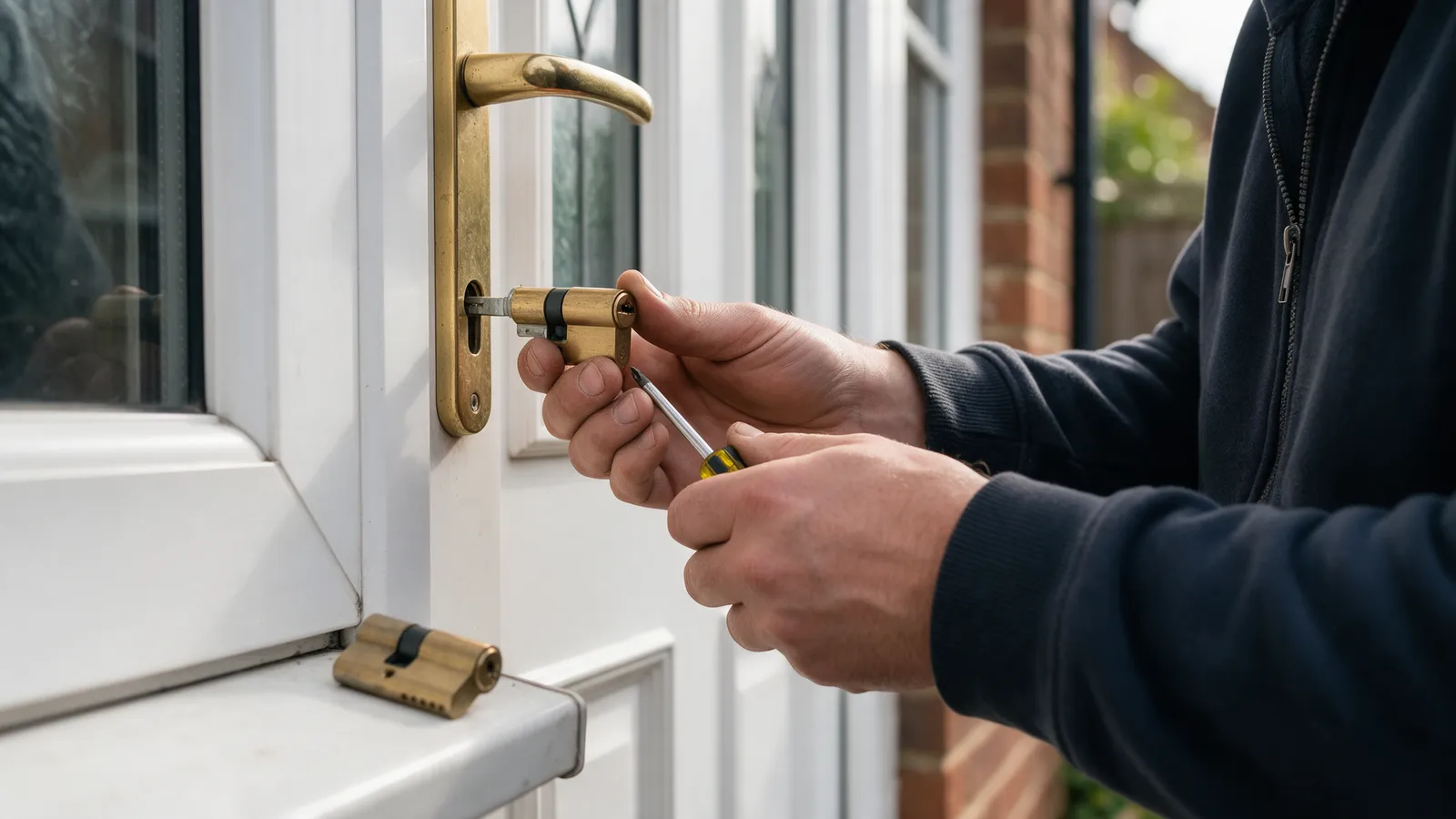 A locksmith's hands fitting a new brass euro cylinder into a white uPVC front door, the old cylinder on the step