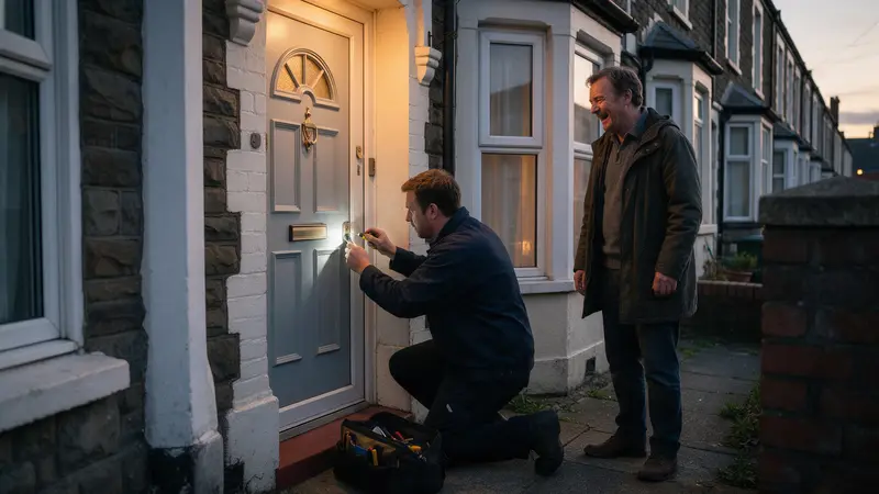 A locksmith in a navy work jacket kneeling at the front door of a Victorian terraced house at dusk, tool bag open, a relieved homeowner standing on the path under the porch light