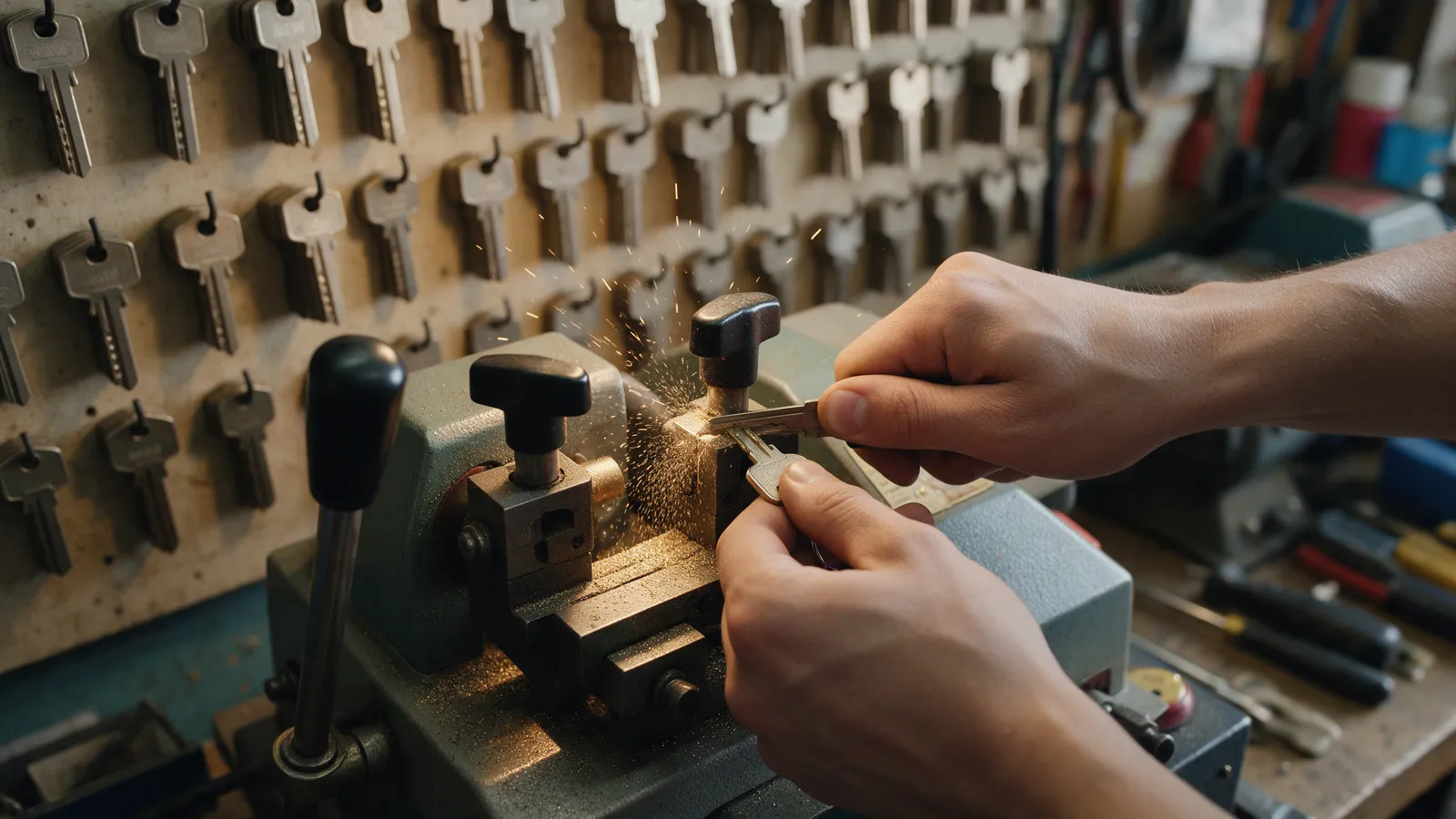 Hands cutting a key on a key-cutting machine in a small locksmith's shop, a wall of blank keys on hooks behind