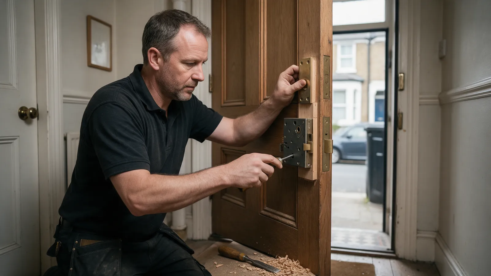 A locksmith fitting a new heavy-duty strike plate and a five-lever mortice lock to a wooden front door in a terraced house hallway
