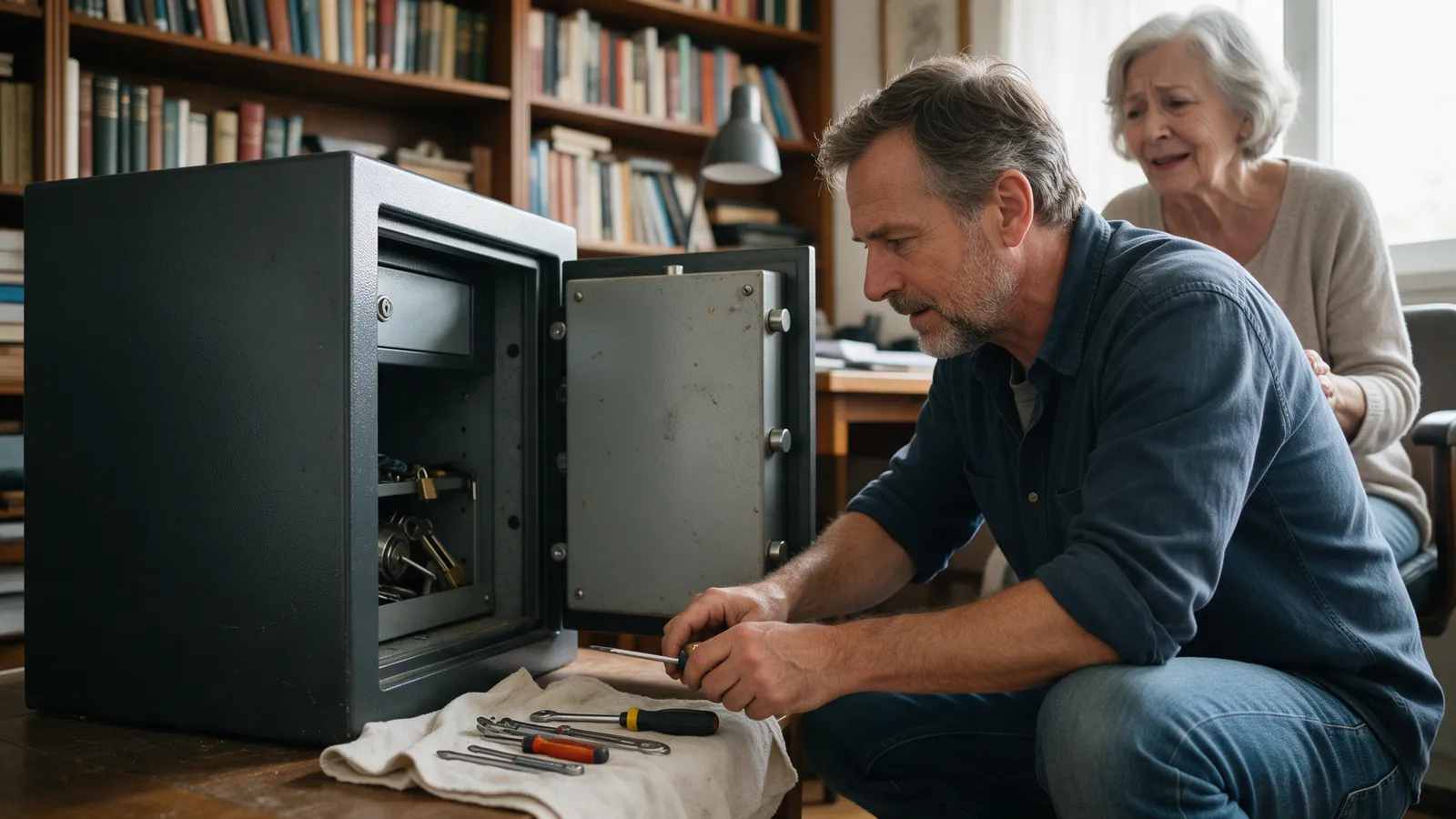 A locksmith crouched beside an opened home safe in a study, tools laid on a cloth, an older woman watching with relief