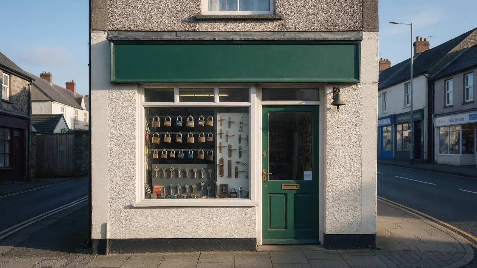 A small locksmith's shop front on a Welsh high street with a dark green fascia and a window display of padlocks, handles and key blanks
