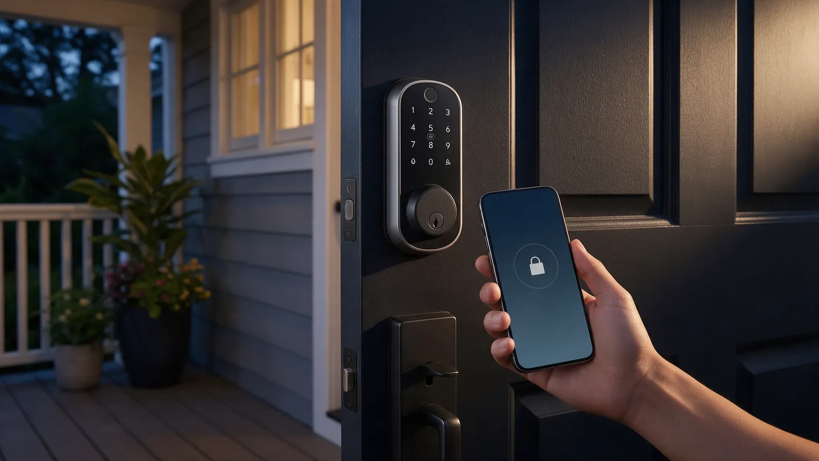 A modern smart lock with a keypad on a dark composite front door, a hand holding a phone beside it in evening light