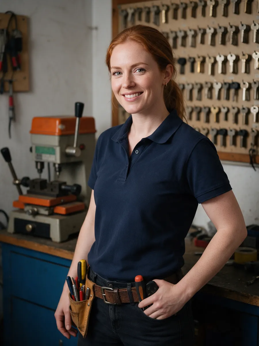 Ffion Lloyd, a locksmith in her early thirties with auburn hair tied back, in a navy polo shirt and tool belt, in a workshop with a key-cutting machine and a wall of key blanks