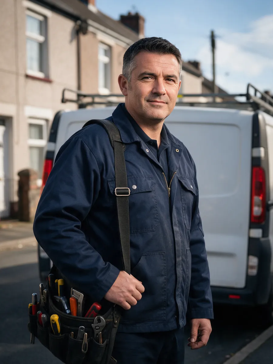 Gareth Hopkins, a Welsh locksmith in his mid-forties with short dark hair greying at the temples, in a navy work jacket with a tool bag, in front of a white van