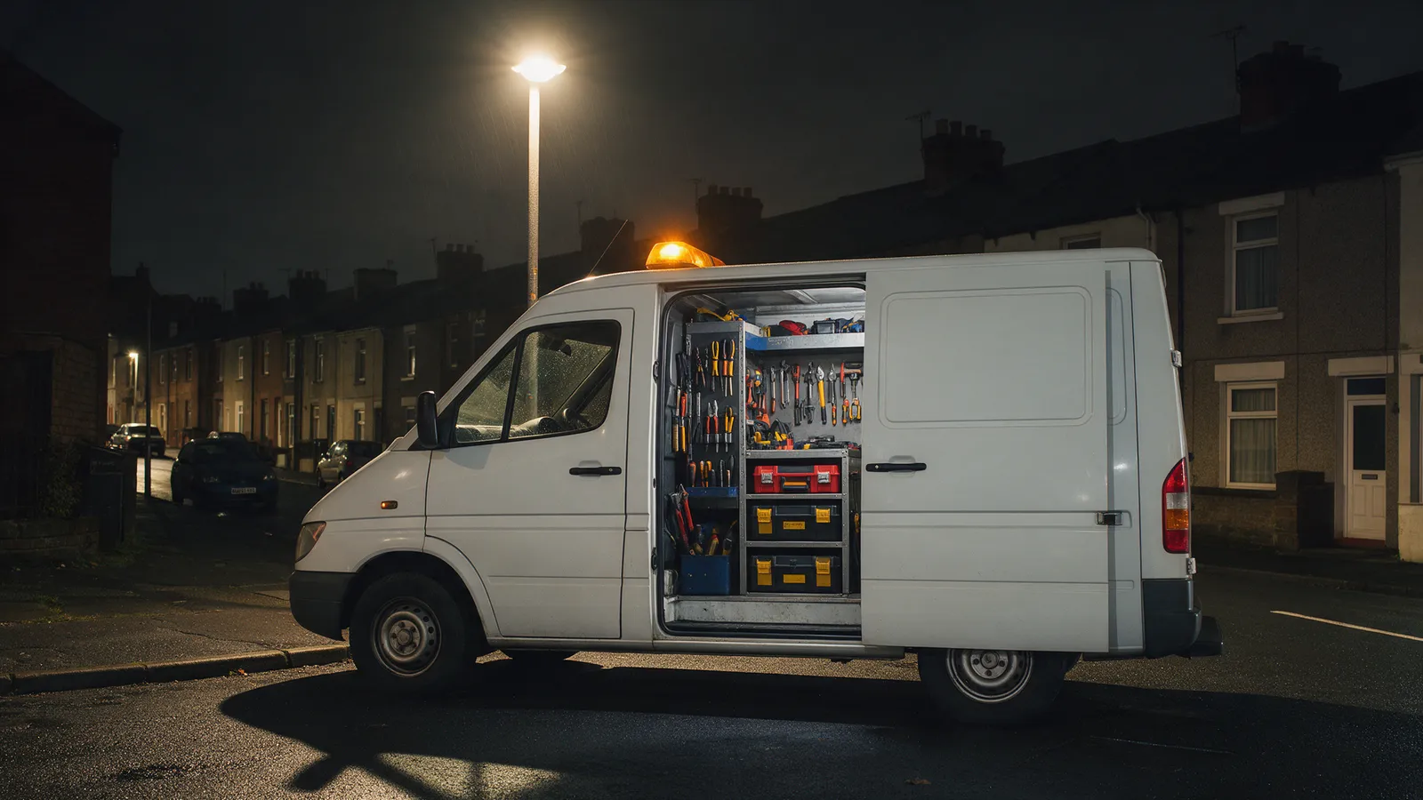 A plain white van parked under a street lamp on a terraced street at night, its side door open to a rack of tools, an amber beacon glowing