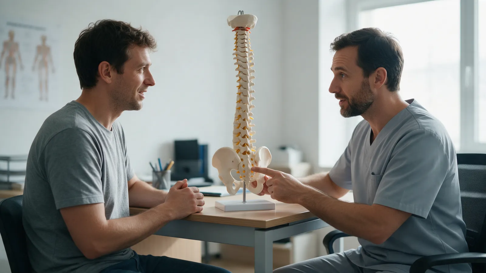 An osteopath and a patient sitting at a desk with a model of the spine between them, the osteopath pointing to the lower back