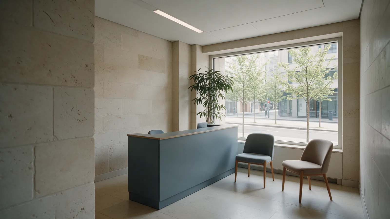A calm clinic reception with limestone-coloured walls, a bluestone-grey desk, two chairs and a plant by a tall window