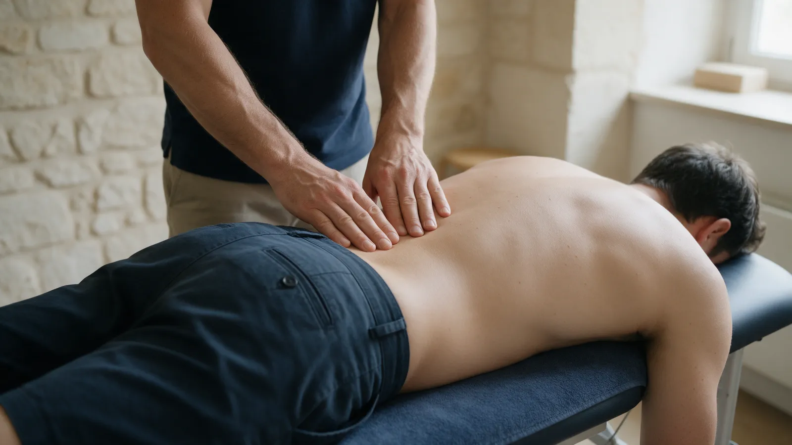 An osteopath examining the lower back of a man lying face down on a treatment couch in a calm, light room