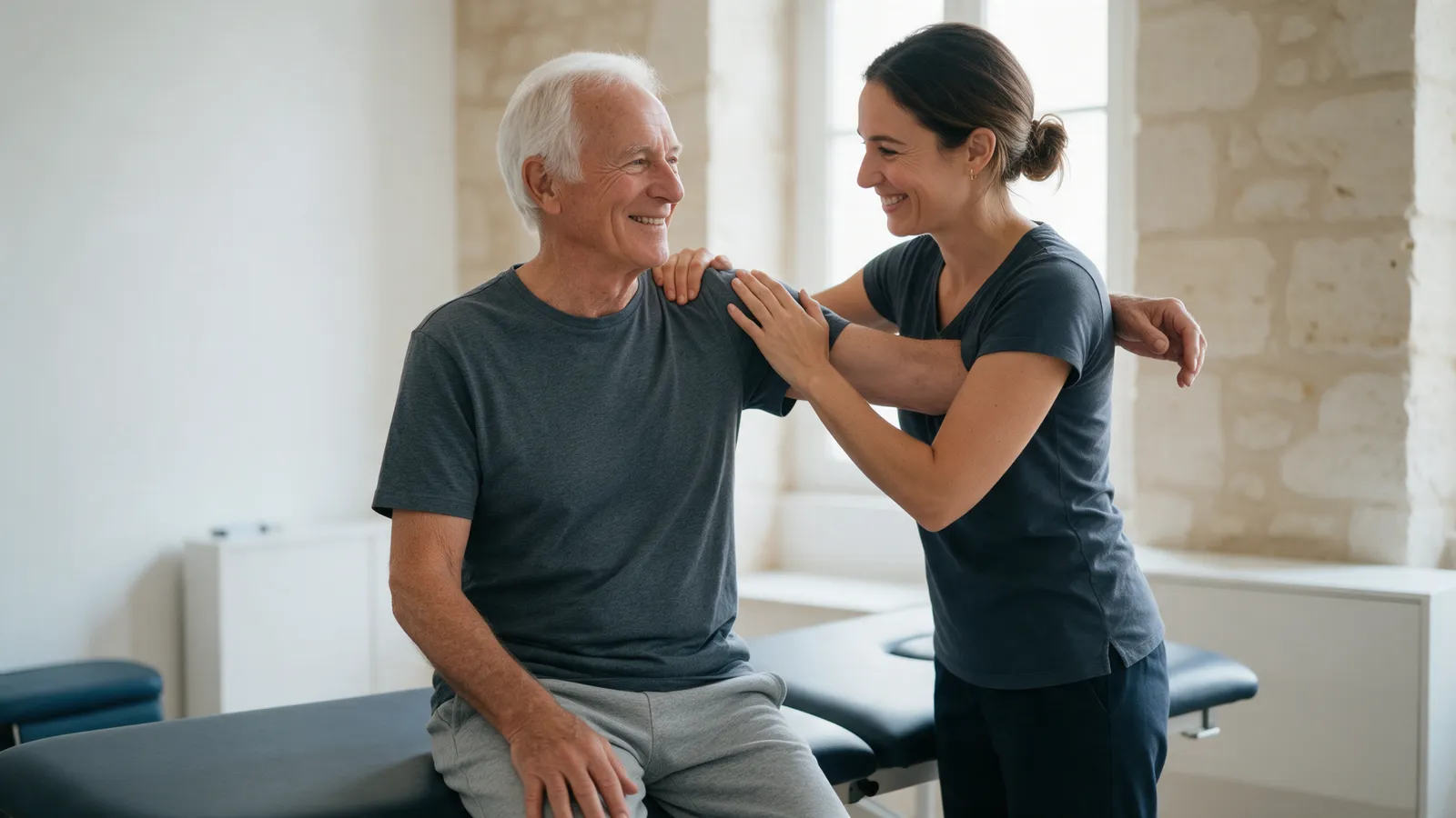 A white-haired man in his seventies sitting on a treatment couch while an osteopath gently moves his shoulder, both smiling